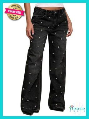 Straight Leg Rhinestone Pearl Denim Jeans High Waisted Wide Leg Bling